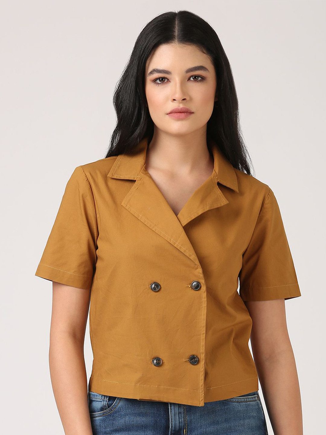 Jolene.club Women Double Breasted Cuban Collar Cotton Blazer Top