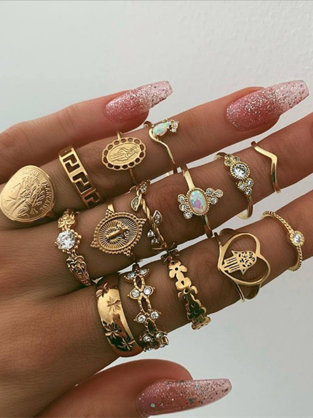 Arzonai 15 Pieces Good Luck Gold GemStone Metal Knuckle Ring Set