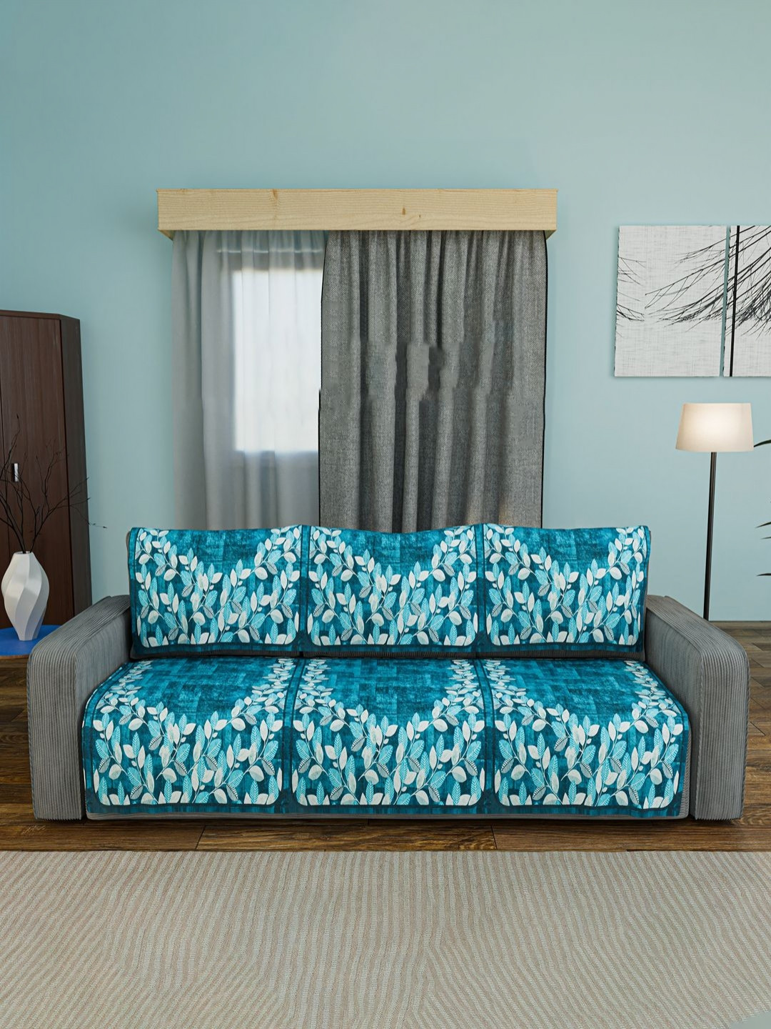 Aura 6 Pcs Blue & White Soft Velvet 3 Seater Sofa Cover for Anti-Slip Sofa Seat Protector