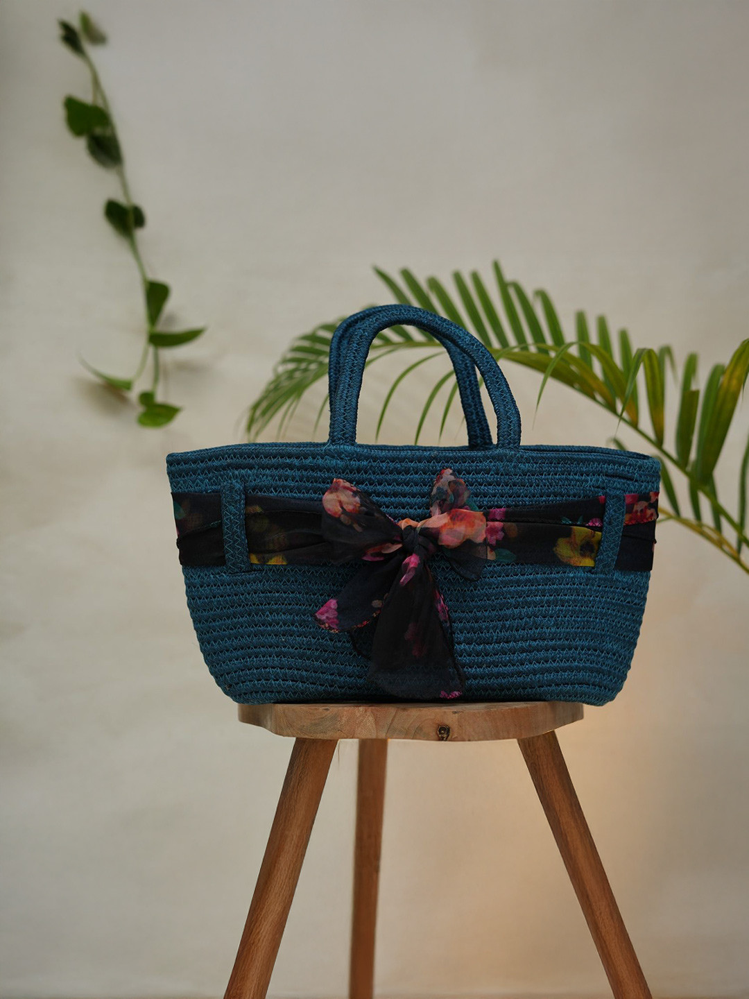 Ariya Women Royal Blue Cotton Blend Handbag with Ribbon