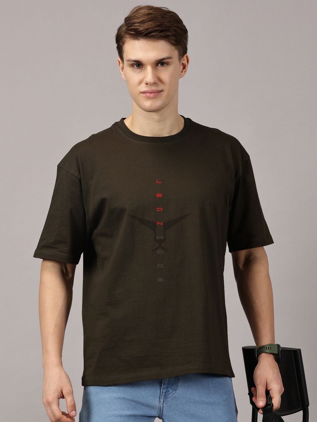 LEON Brand Logo Printed Drop Shoulder sleeves Cotton Applique Oversized T-shirt