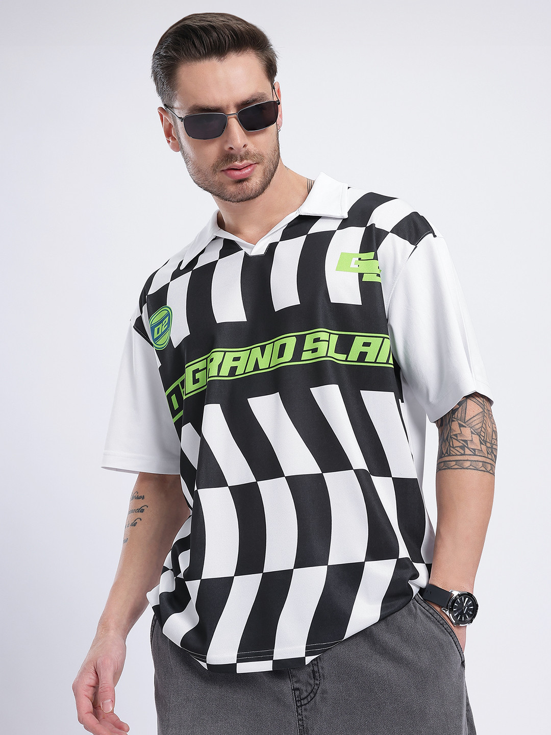 glitchez Geometric & Typography Print Drop-Shoulder Polo Collar T-shirt