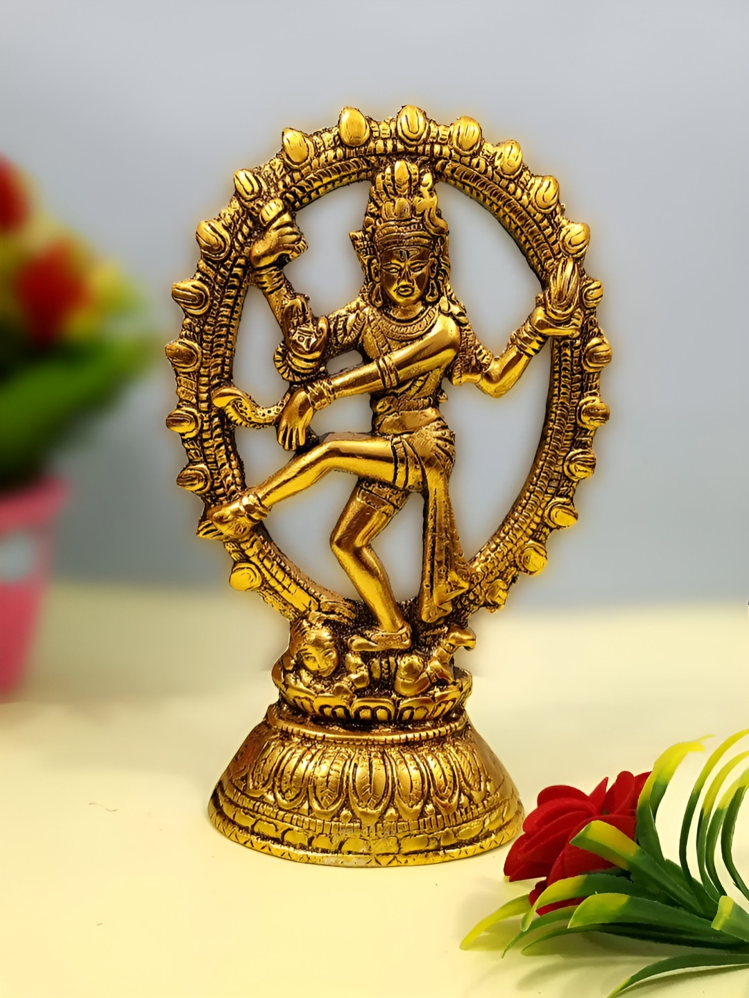 Aura Natraj Gold Metal Metallic Prayer Room Medium Showpiece - 7.1 Inches