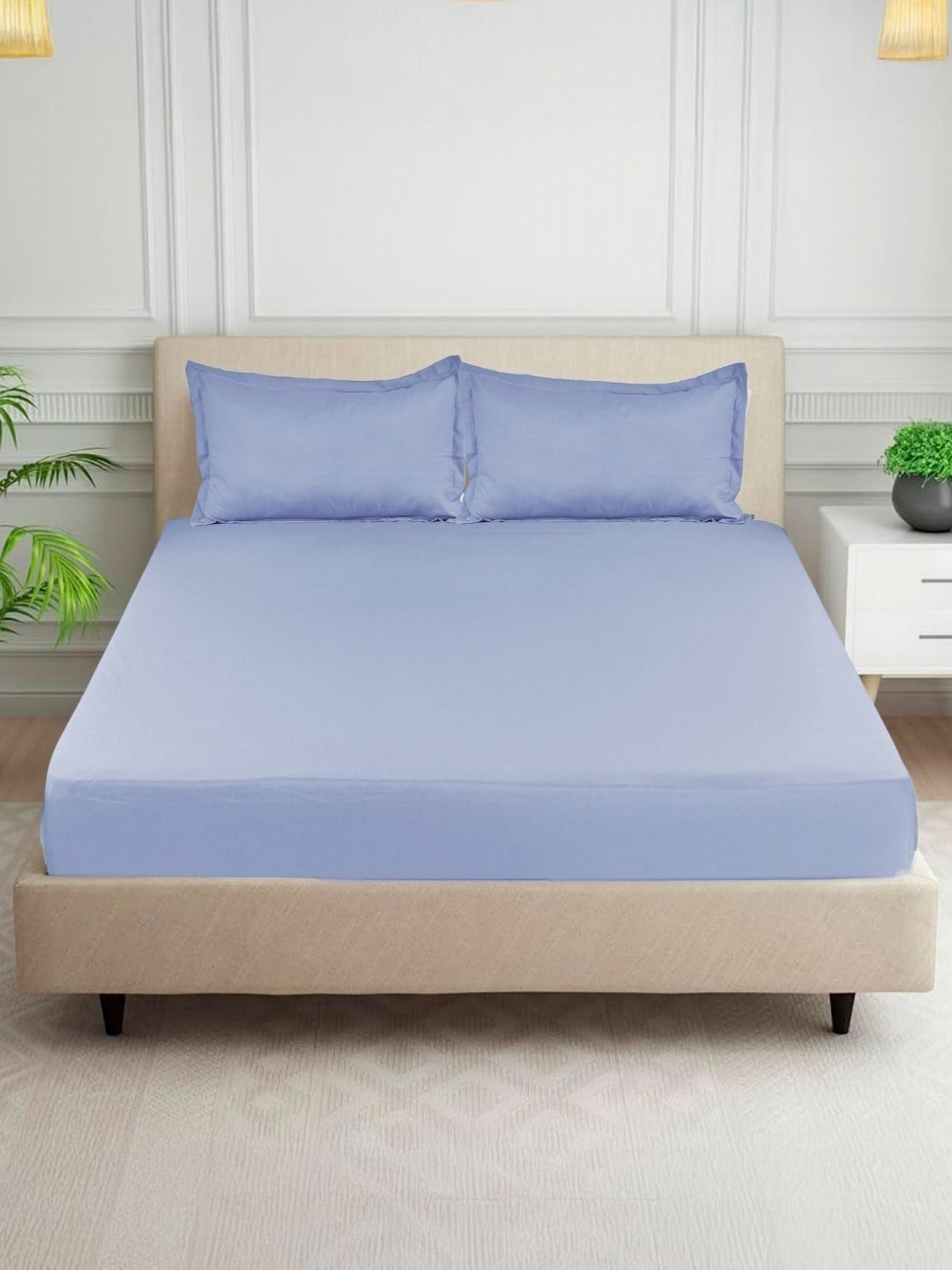 HOMADORN Royal Velar Lavender Polycotton Skin-Friendly 300 TC Fitted Queen Superfine Bedsheet with 2 Pillow Covers-98 x 91 inches