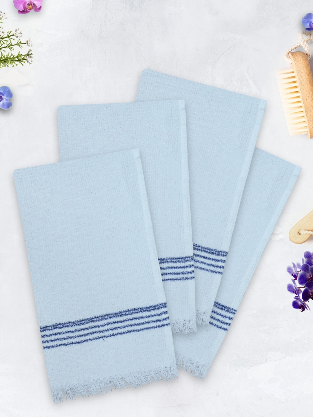 HOME COLORS.IN Unisex Pack Of 4 Blue 210 GSM Striped Hand Towels