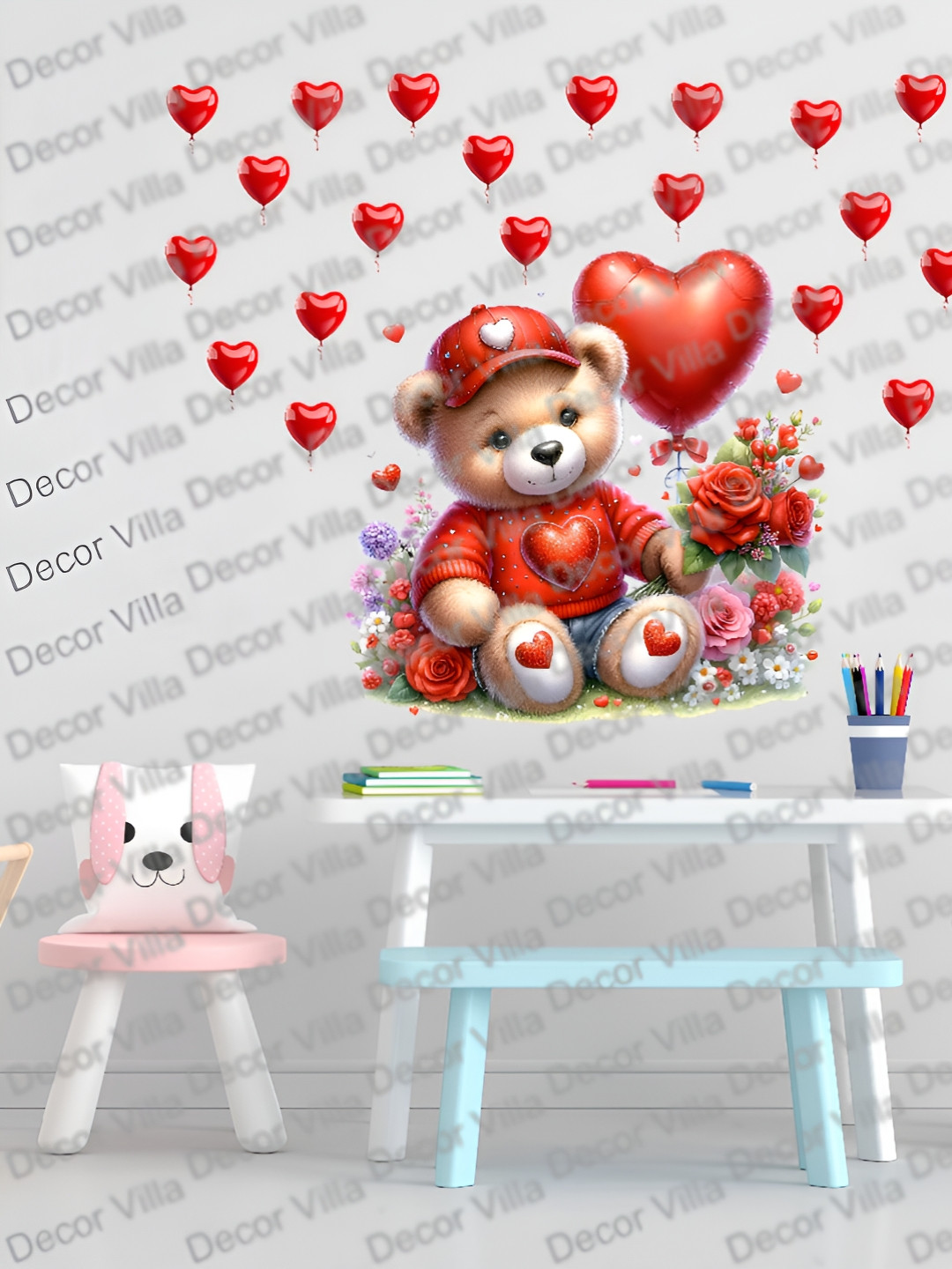 Decor Villa Multicolor Teddy with lots of Hearts Wall Sticker
