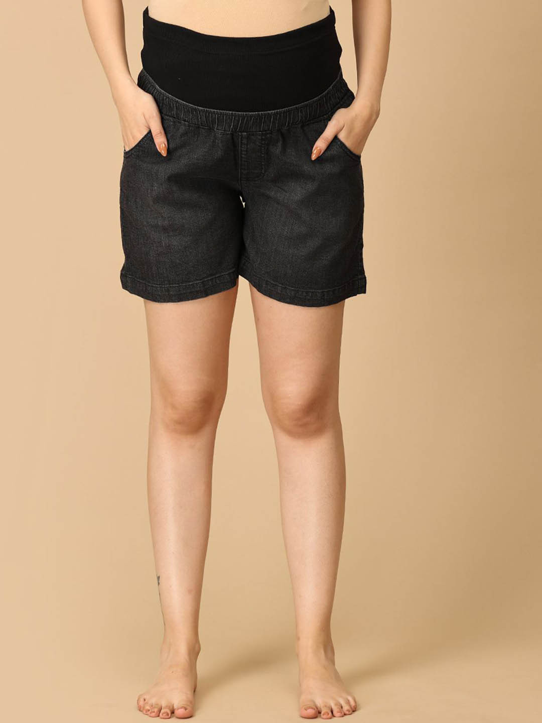 The Mom Store Women Solid High-Rise Denim Shorts With Belly Support