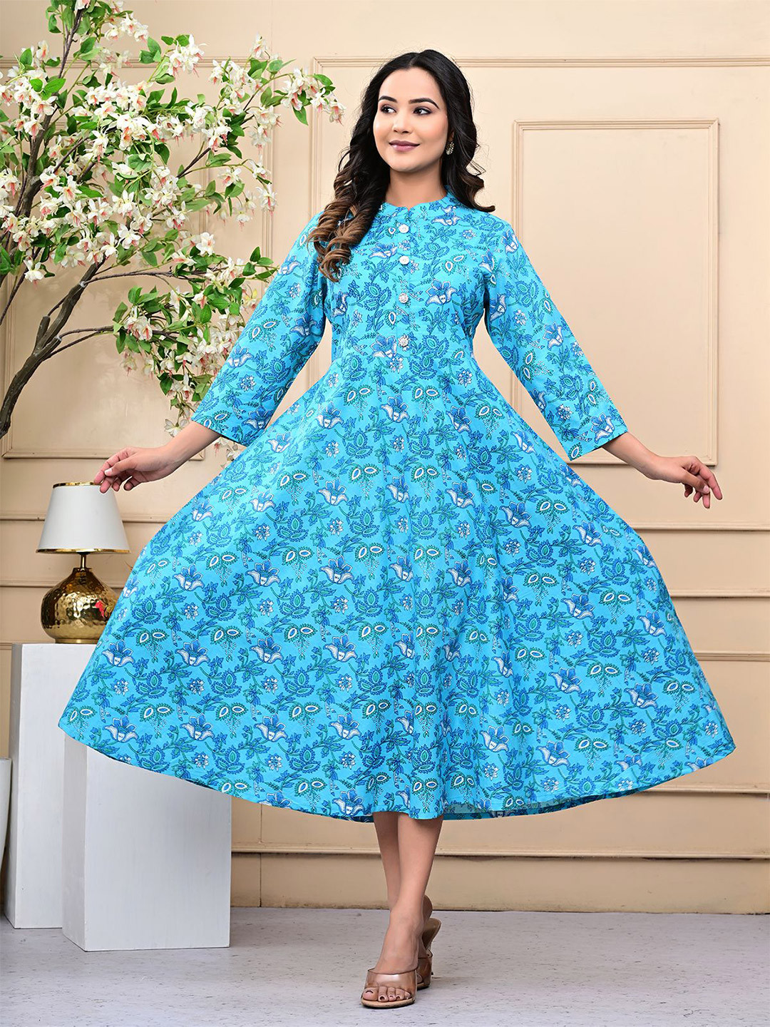 SHOOLIN Floral Printed Mandairan Coller Fit & Flare Midi Ethnic Dress