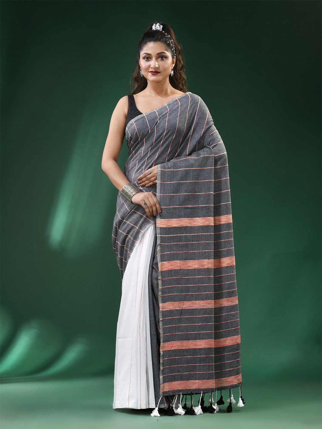 Ruuprekha Women Striped Pure Cotton Half and Half Khadi Saree