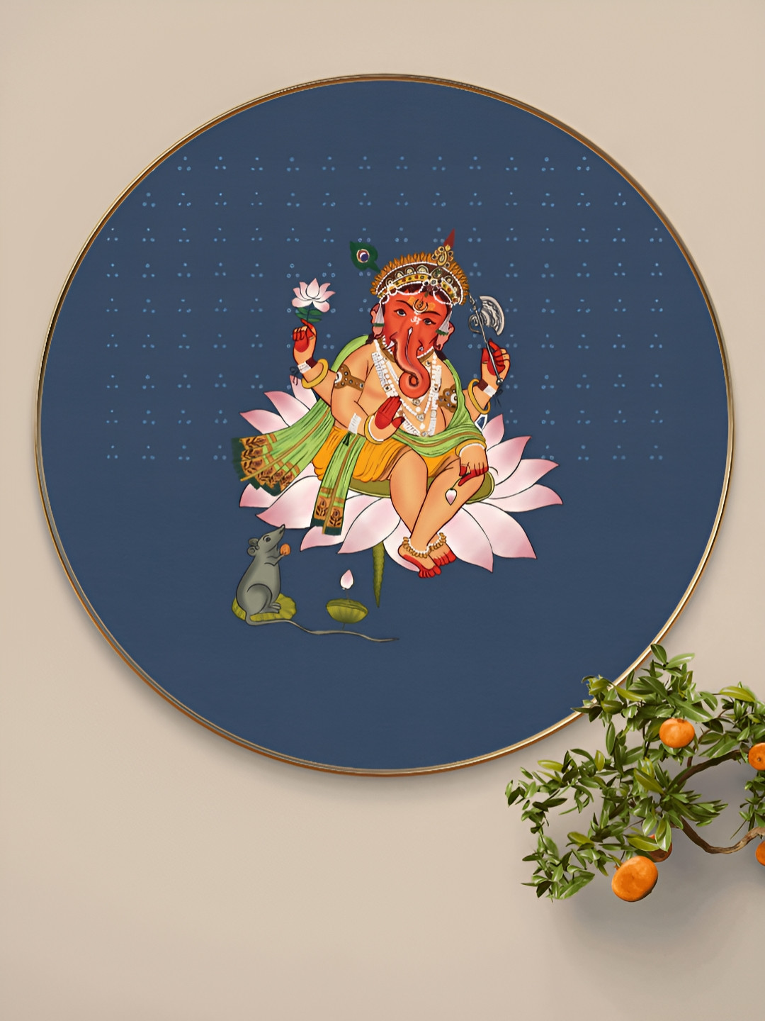 SAF Lord Ganesha On Lotus Wood Wall Round Paintings Wall Art - 20 x 20 In