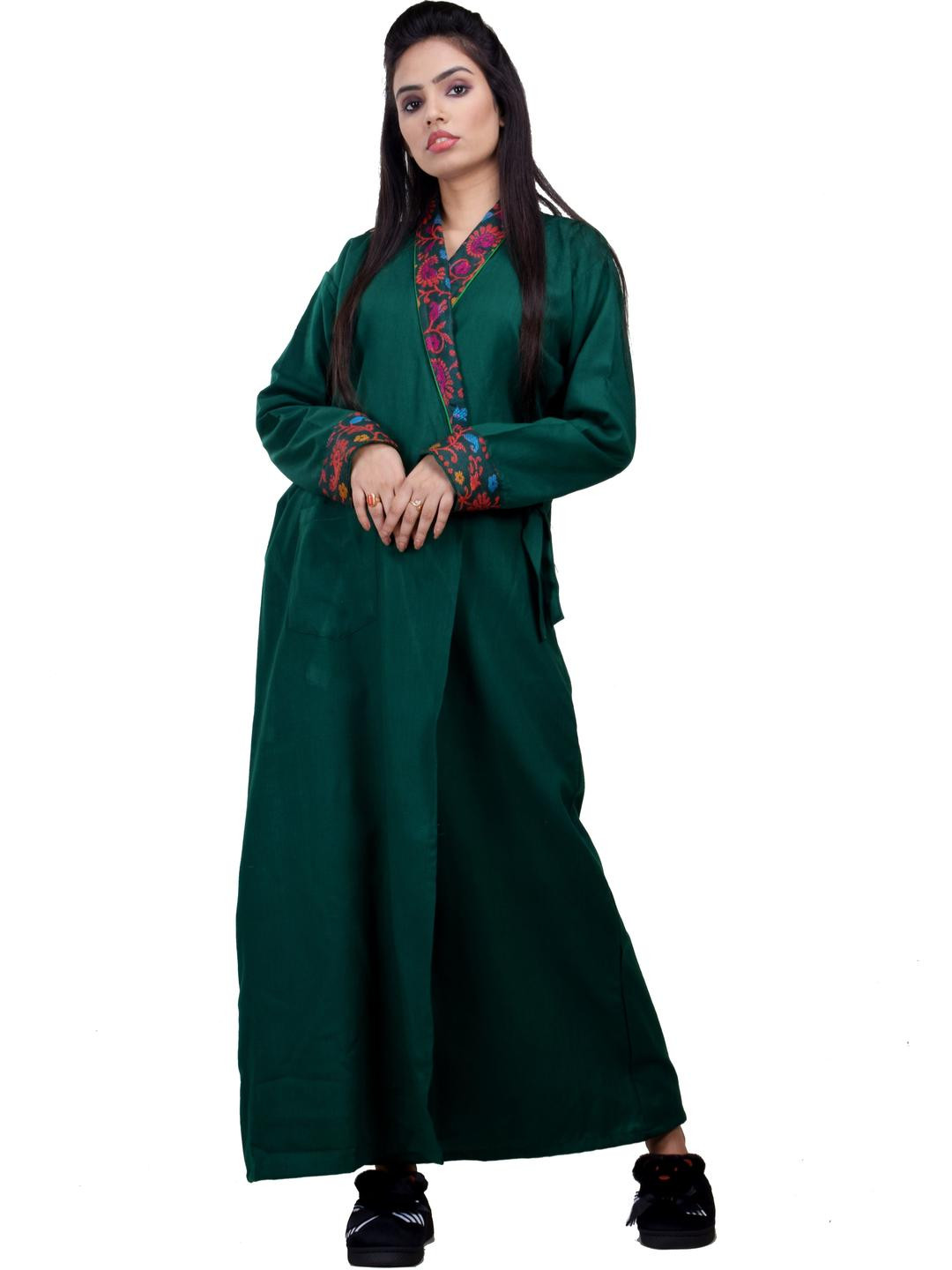 CLYMAA Green Wool Blend Maxi Embroidered Nightdress