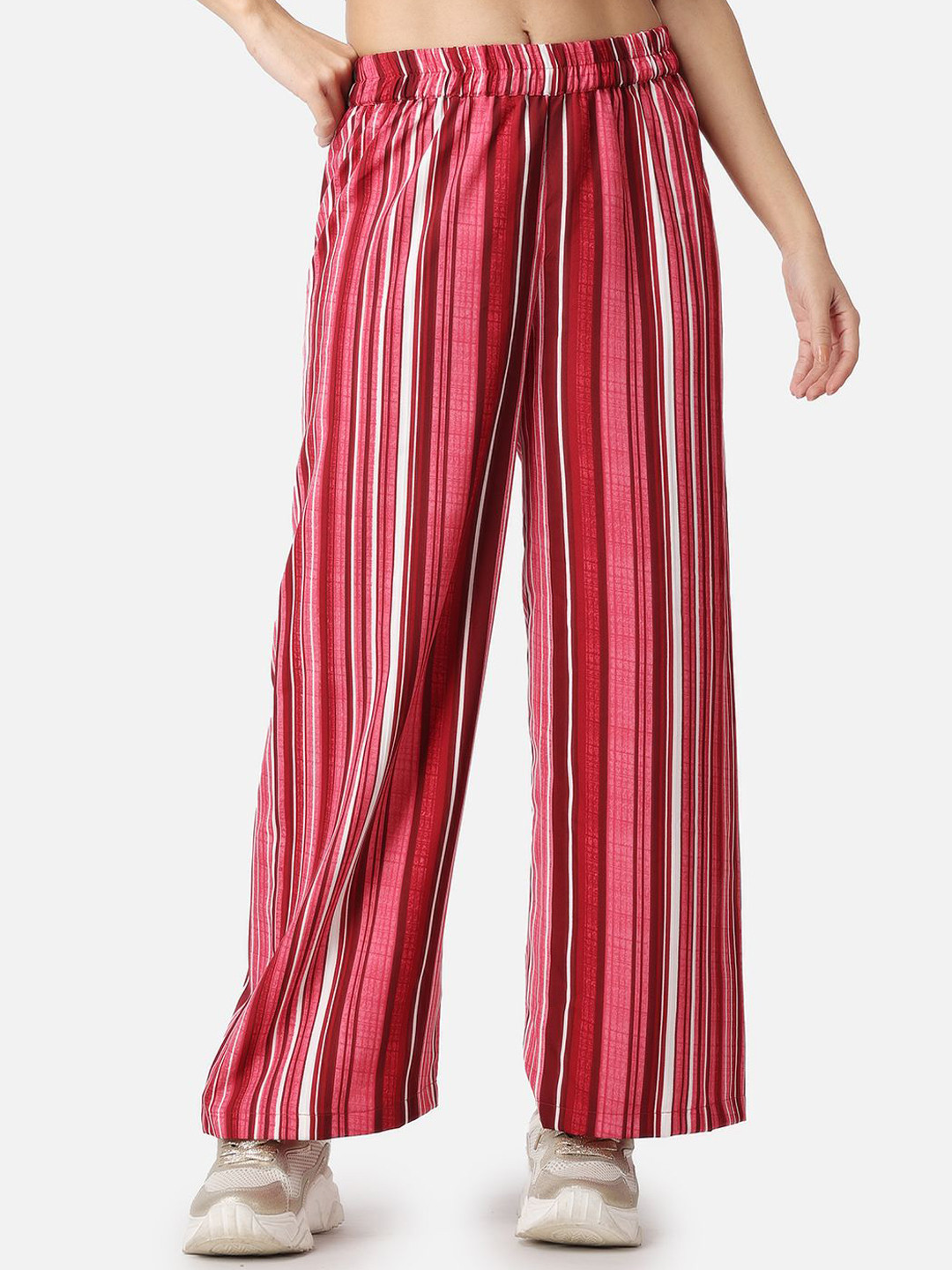 Popwings Women Striped Relaxed Loose Fit High-Rise Easy Wash Trousers