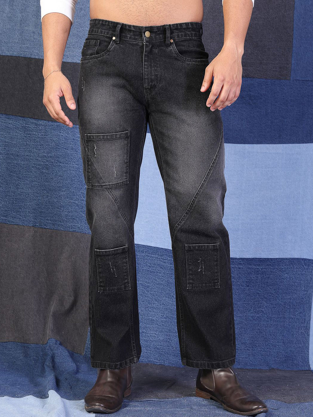 VESTIDO MODAS Men Straight Fit Mid-Rise Cat Scratches Heavy Fade Stretchable Cargo Jeans