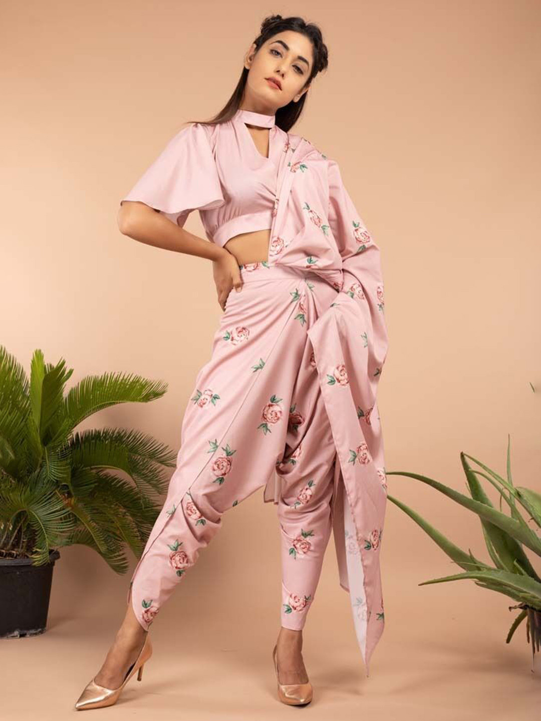 Pasha TUBEROSE PINK DHOTI SAREE PANTS & TOP