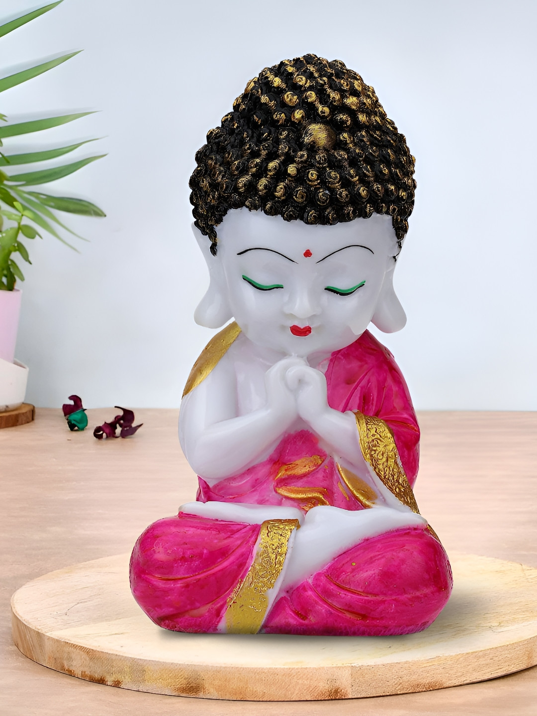Aura Monk Pink Polyresin Glossy Prayer Room Small Showpiece - 3.5 Inches