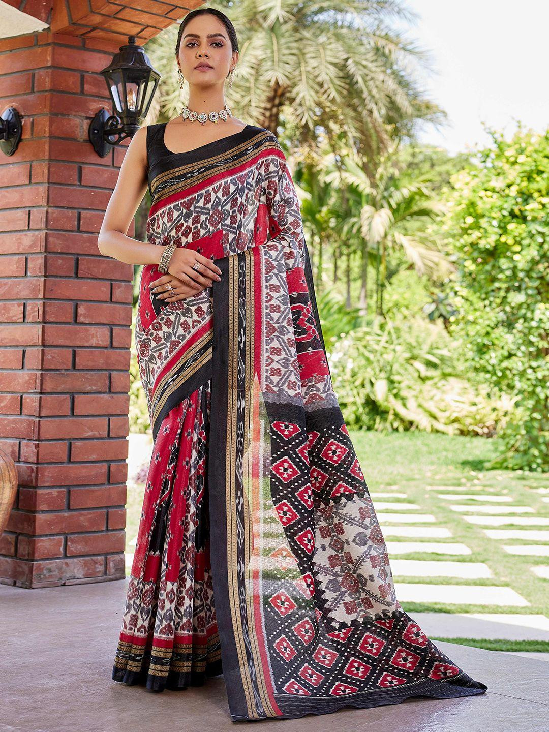KALINI Red Cotton Blend Printed Sarees