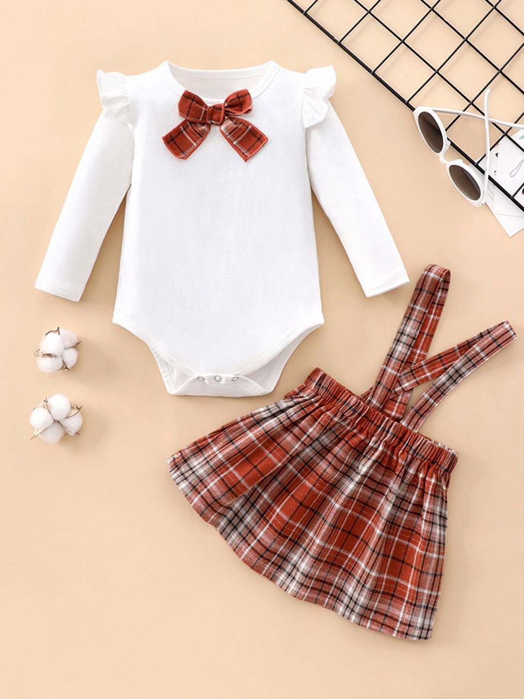 YK Girls Checked Bodysuit With Skirt Clothing Set