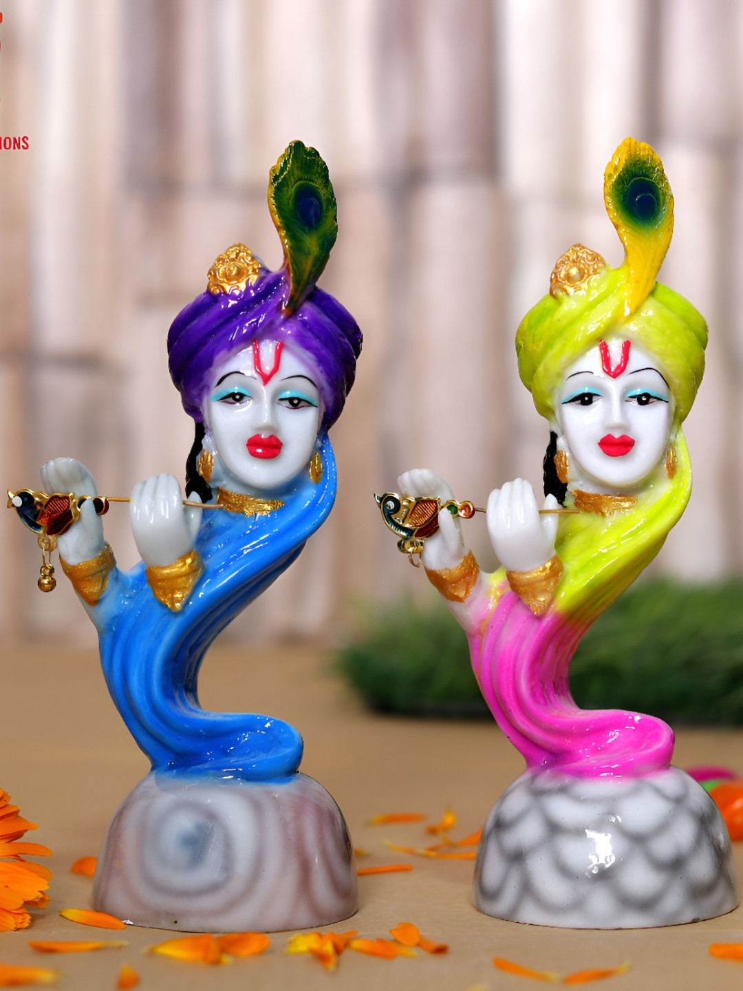 Aura Murlidhar Krishna Face Blue Marble Glossy Prayer Room Set of 2 Medium Showpieces - 2 Inches