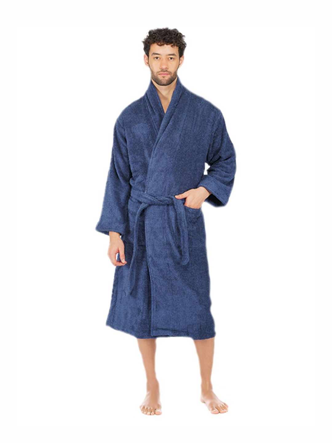 RANGOLI Canningvale, 550 GSM Navy Blue Solid Cotton Drawstring Knee Length Bath Robe-S