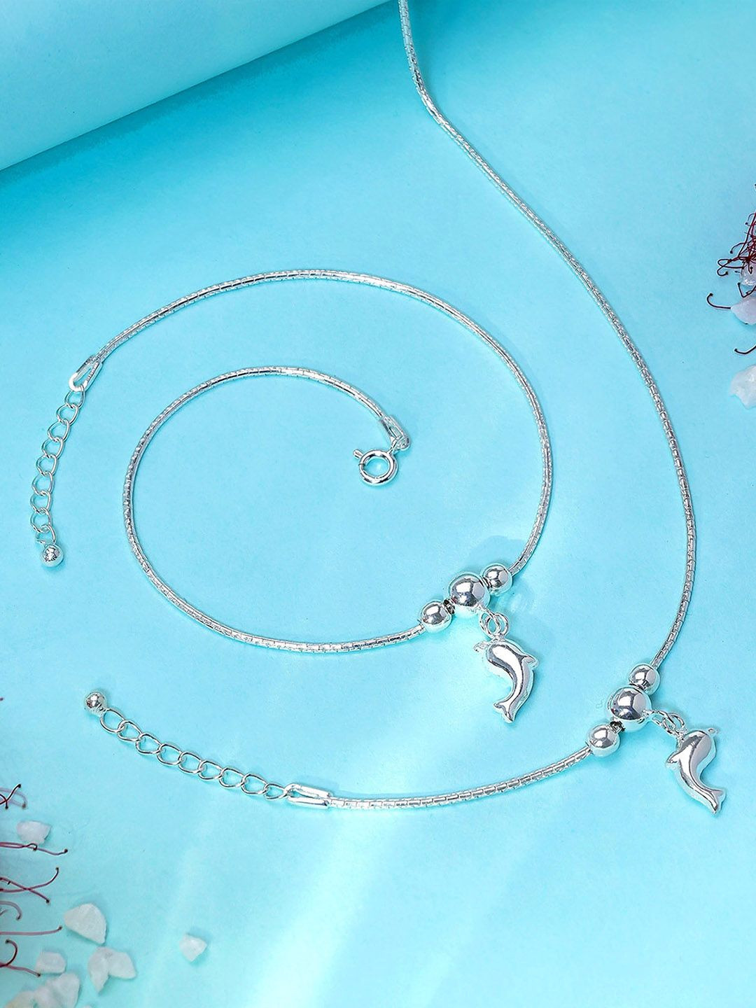 Tweov Jewels Set of 2 925 Sterling Silver Rhodium-Plated Dolphin Fish Chain Anklet