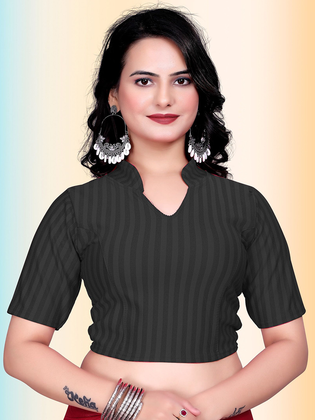 TANISHM FEB TEX Striped V- Neck Stretchable Saree Blouse