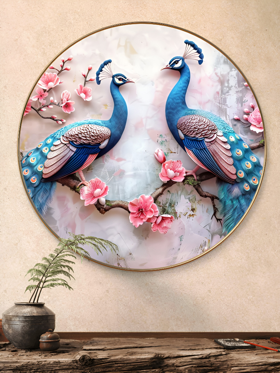 SAF Blue & Pink Majestic Peacock Pair 3D Embossed Birds & Animals Printed Wooden Wall Art