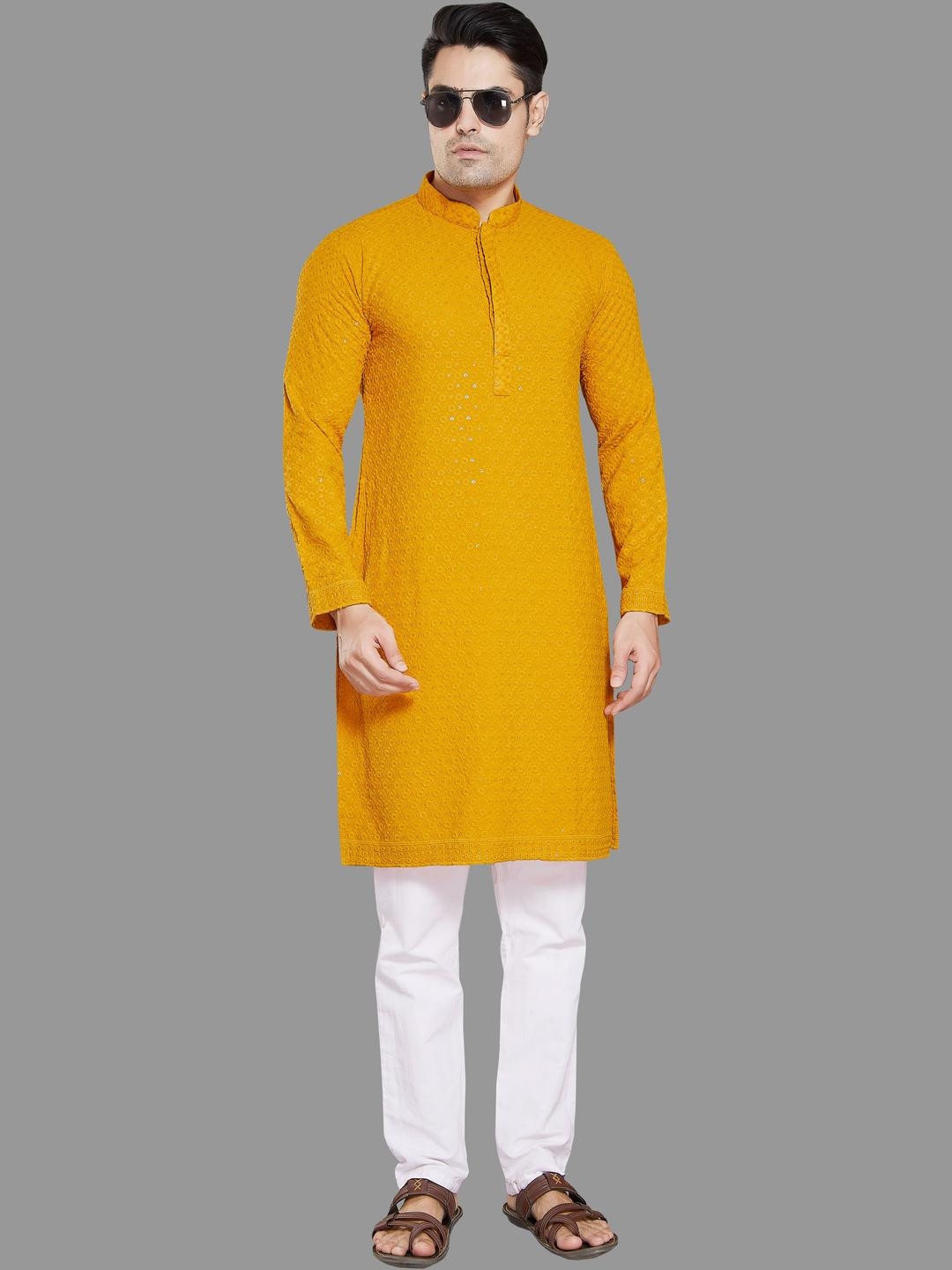 PulseIQ Mustard Viscose Rayon Solid Kurta Sets