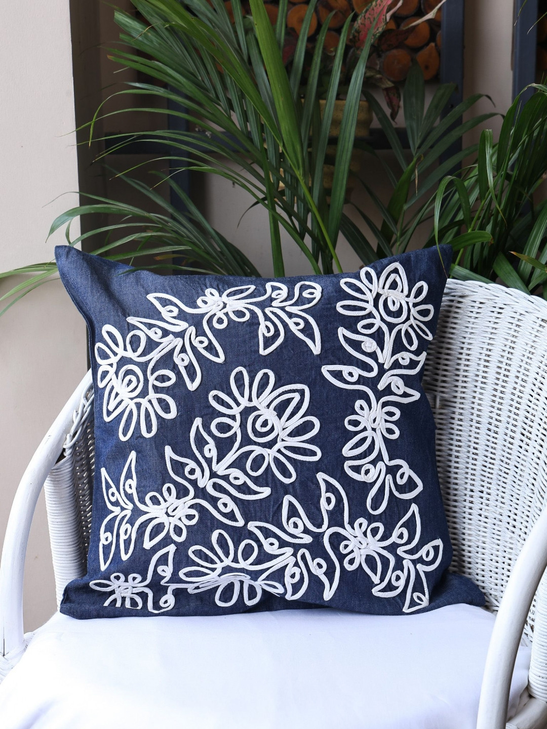 Sangria Blue Floral Denim Washable Embroidered Square Cushion Cover -16x16In