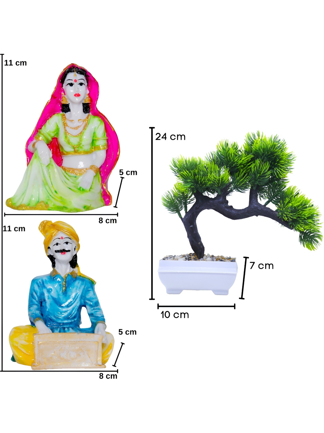Aura Rajasthani and Bonsai Artifical Plant White Polyresin Matte Living Room Set of 3 Small Showpieces - 3.1 Inches