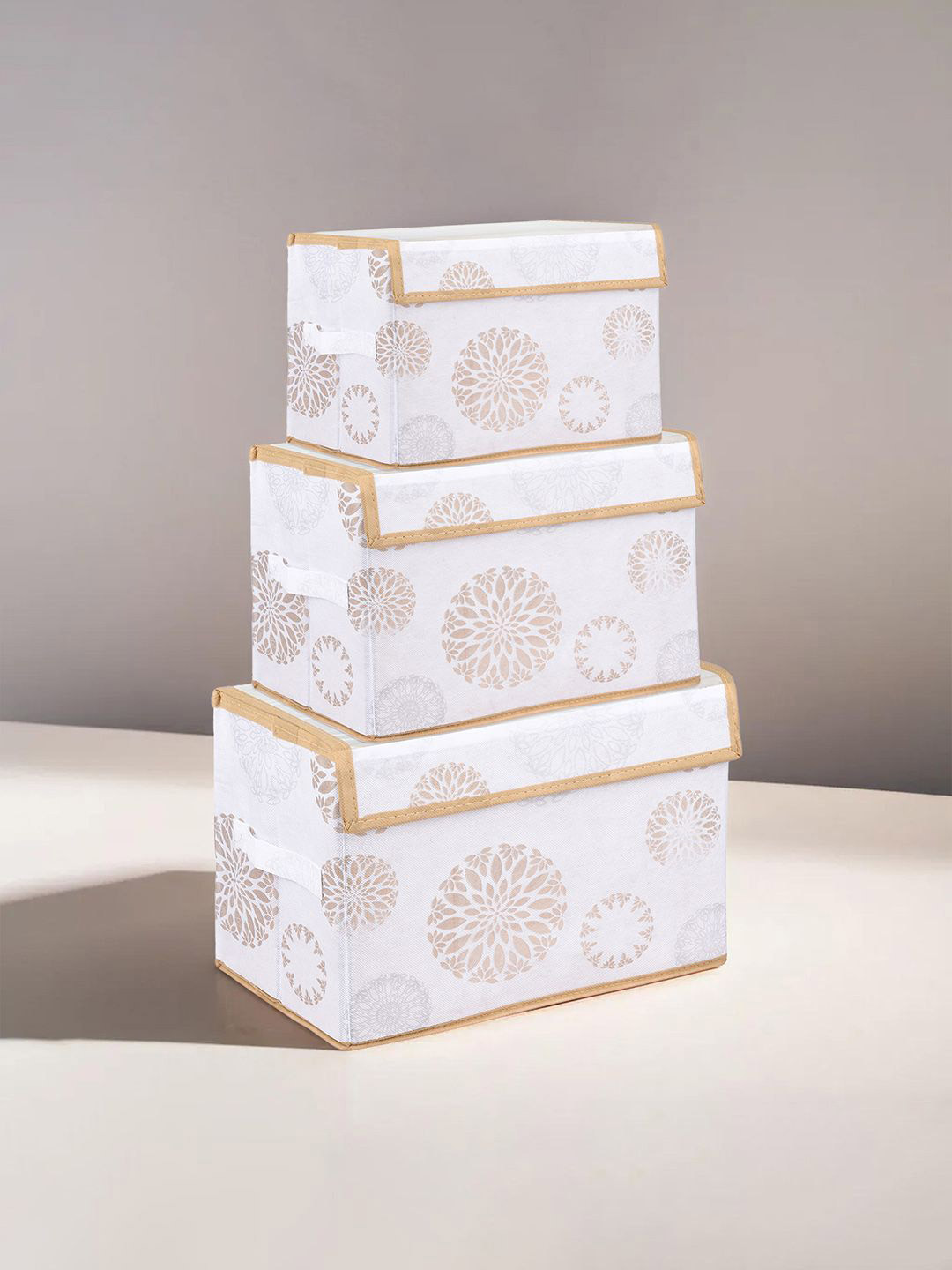 Kuber Industries White & Gold Toned 3 Pieces Printed Drawer Box With Handle Organisers