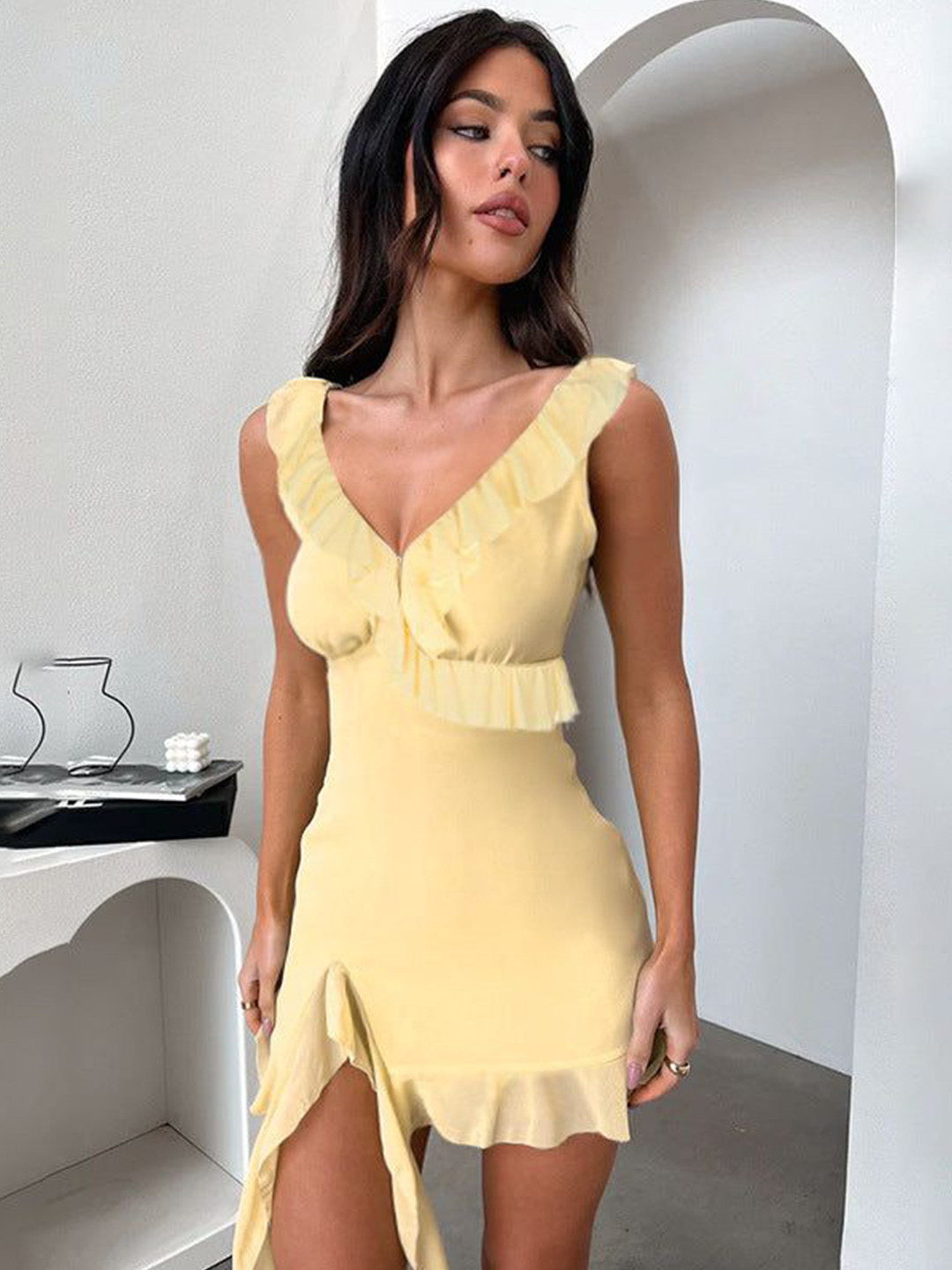 Outzidr Plunge Neck With Frills Mini Sheath Dress