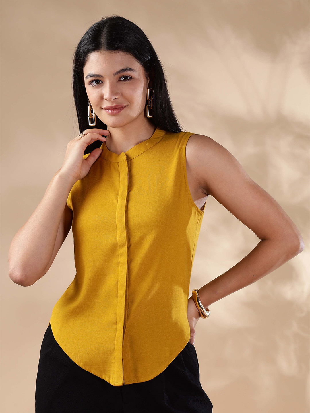 Anouk Women Mandarin Collar Concealed Placket Shirt Style Top