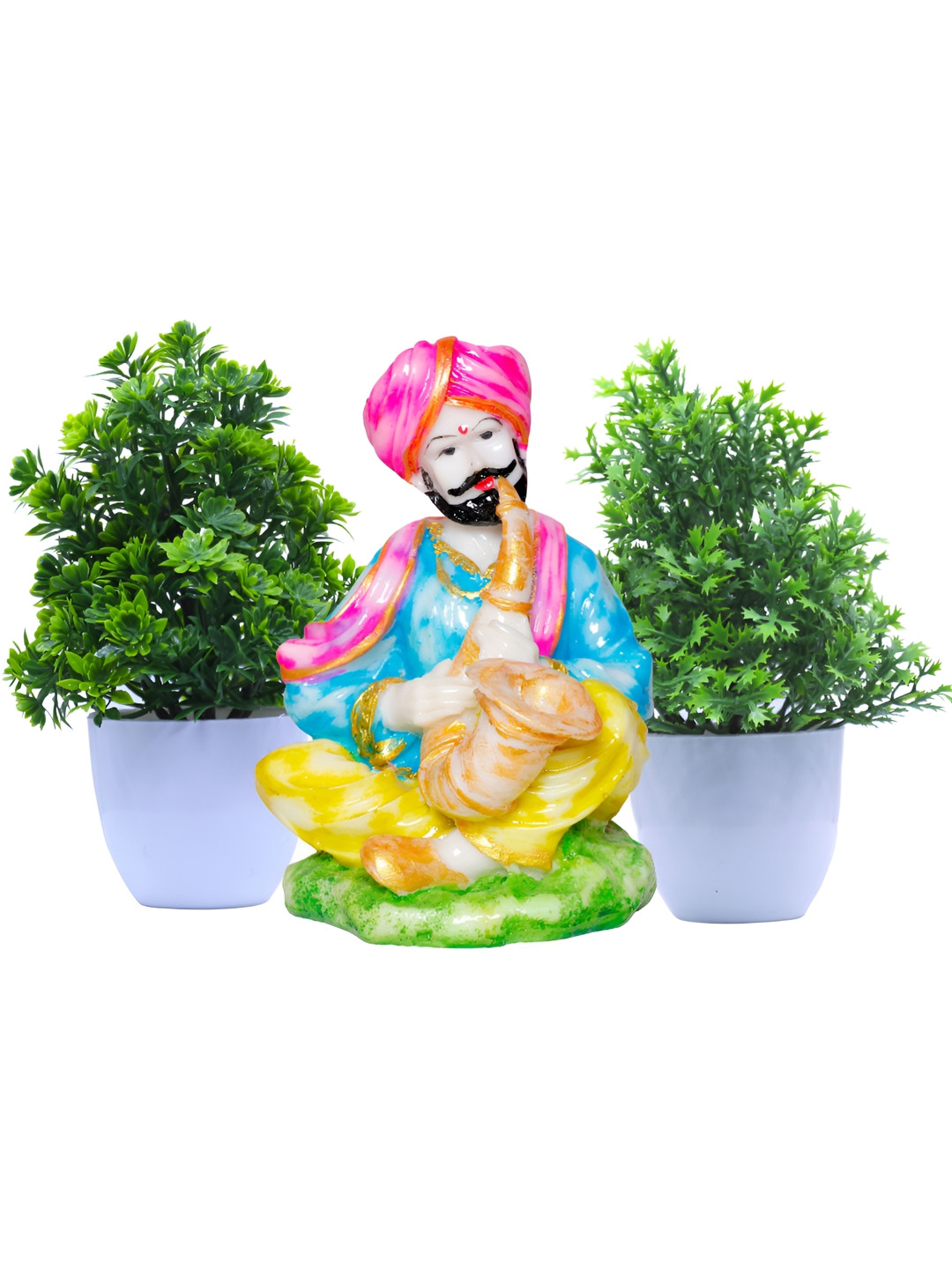 Aura Bhopu Playing Replica with Artificial Plant Blue Polyresin Matte Living Room Set of 3 Tiny Showpieces - 3.9 Inches
