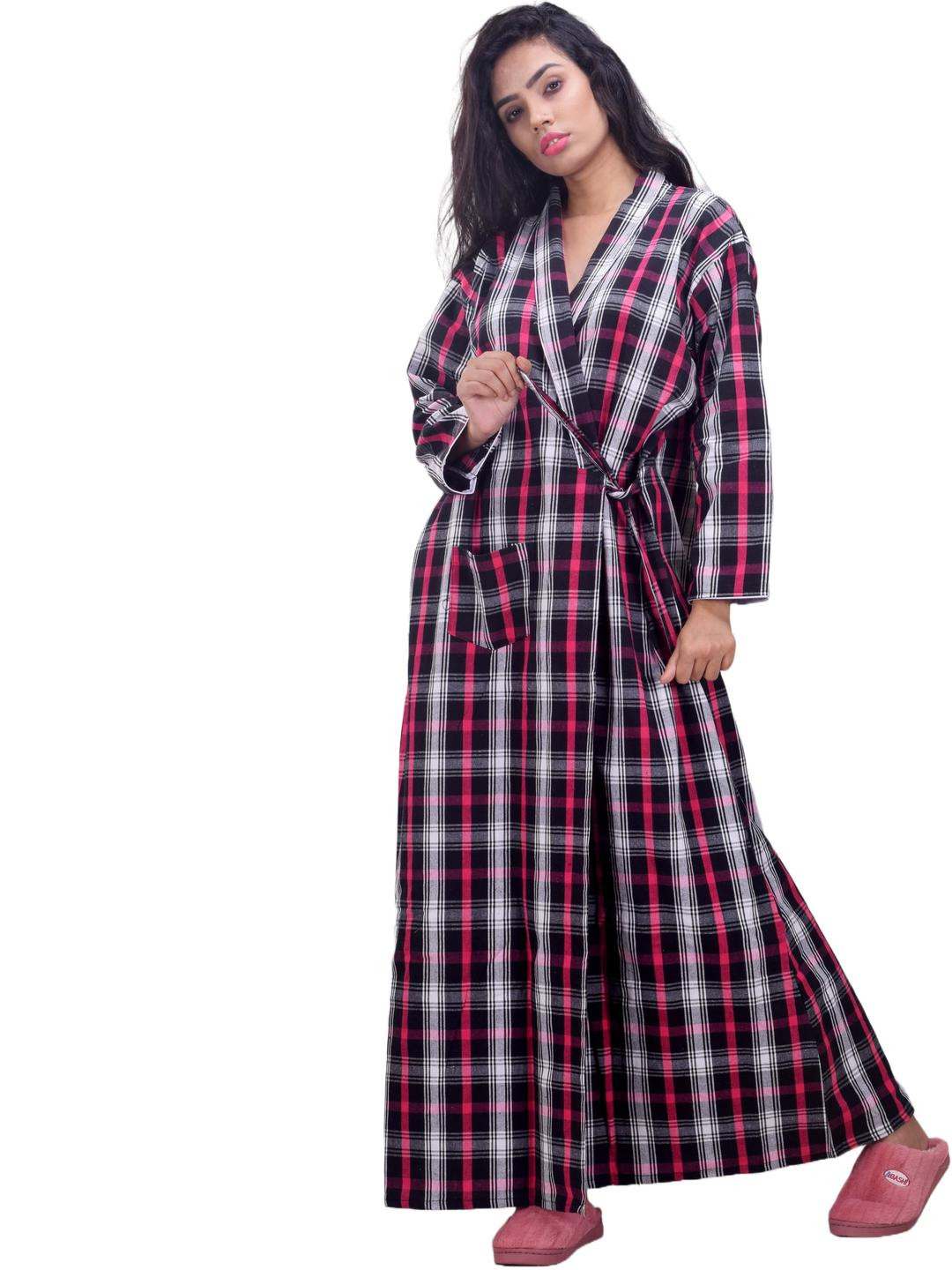CLYMAA Pink Wool Blend Maxi Checked Nightdress