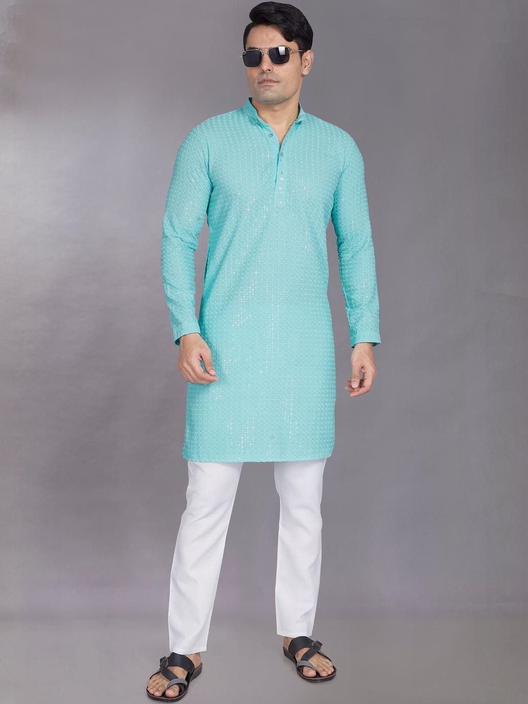 PulseIQ Sea Green Viscose Rayon Embroidered Kurta Sets