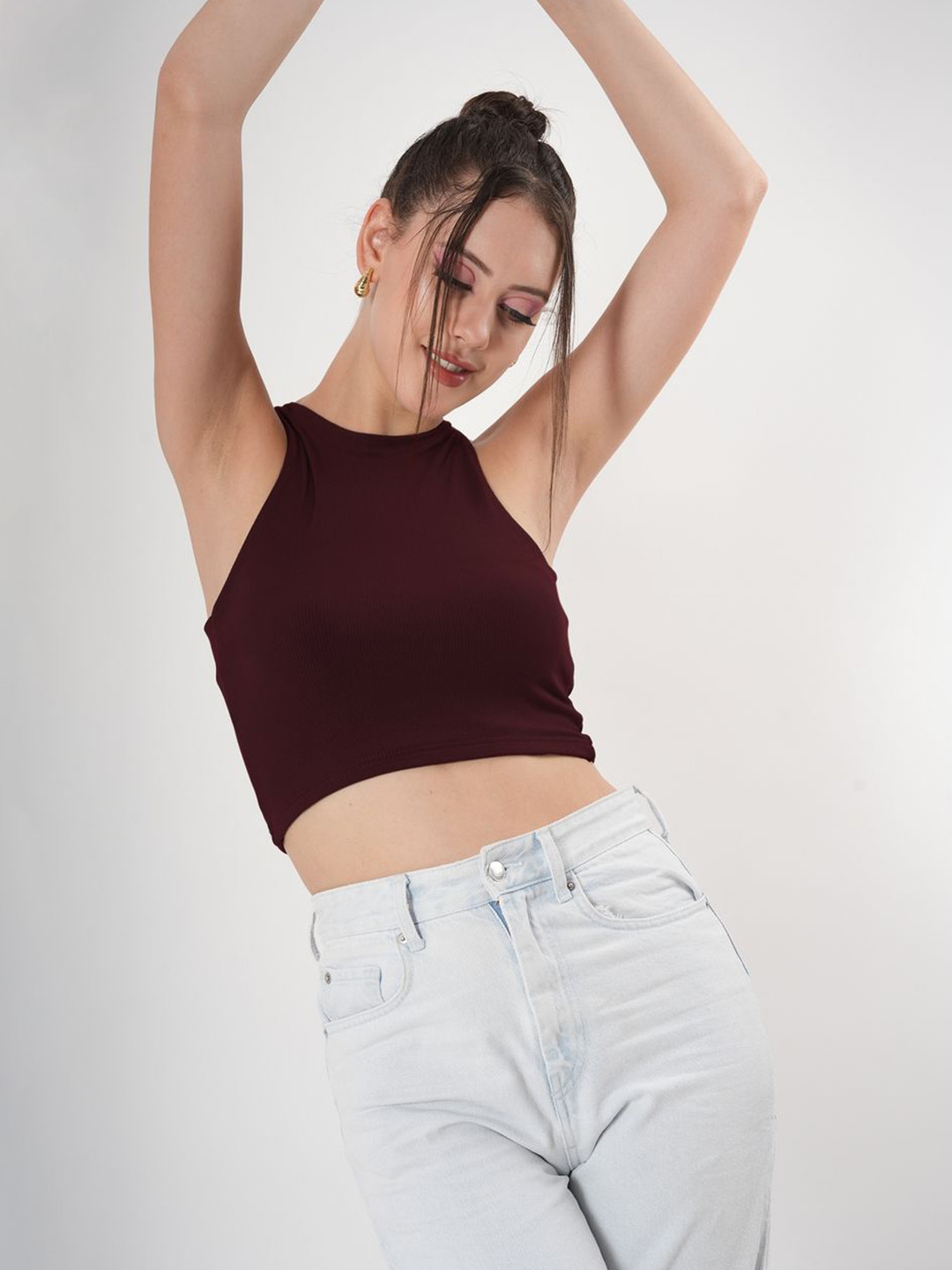 clobug Women Solid Ribbed Sleeveless Crop Tank Top