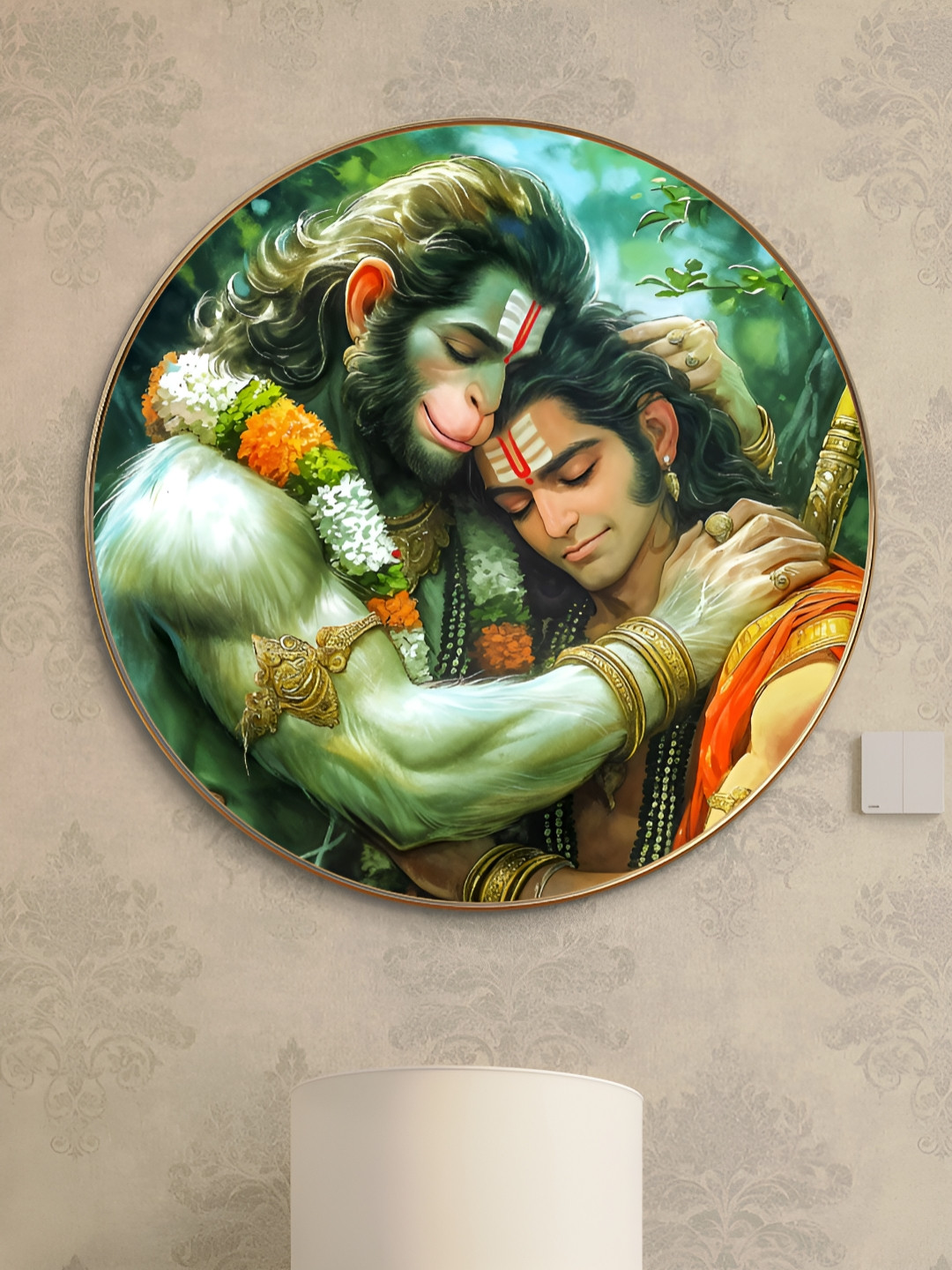 SAF Lord Hanuman Embracing Lord Ram Wood Wall Round Paintings Wall Art - 23x23In