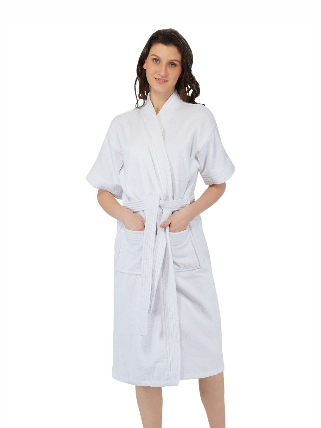 RANGOLI Noble, 400 GSM White Solid Cotton Drawstring Midi Bath Robe-S