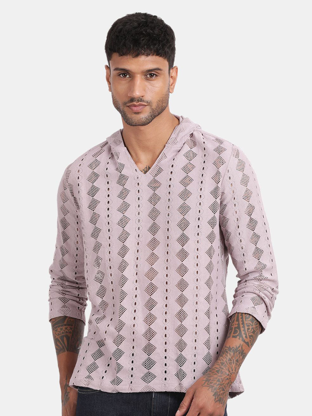 Blu MNKY Smart Slim Fit Geometric Self Design Hooded Casual Tshirt