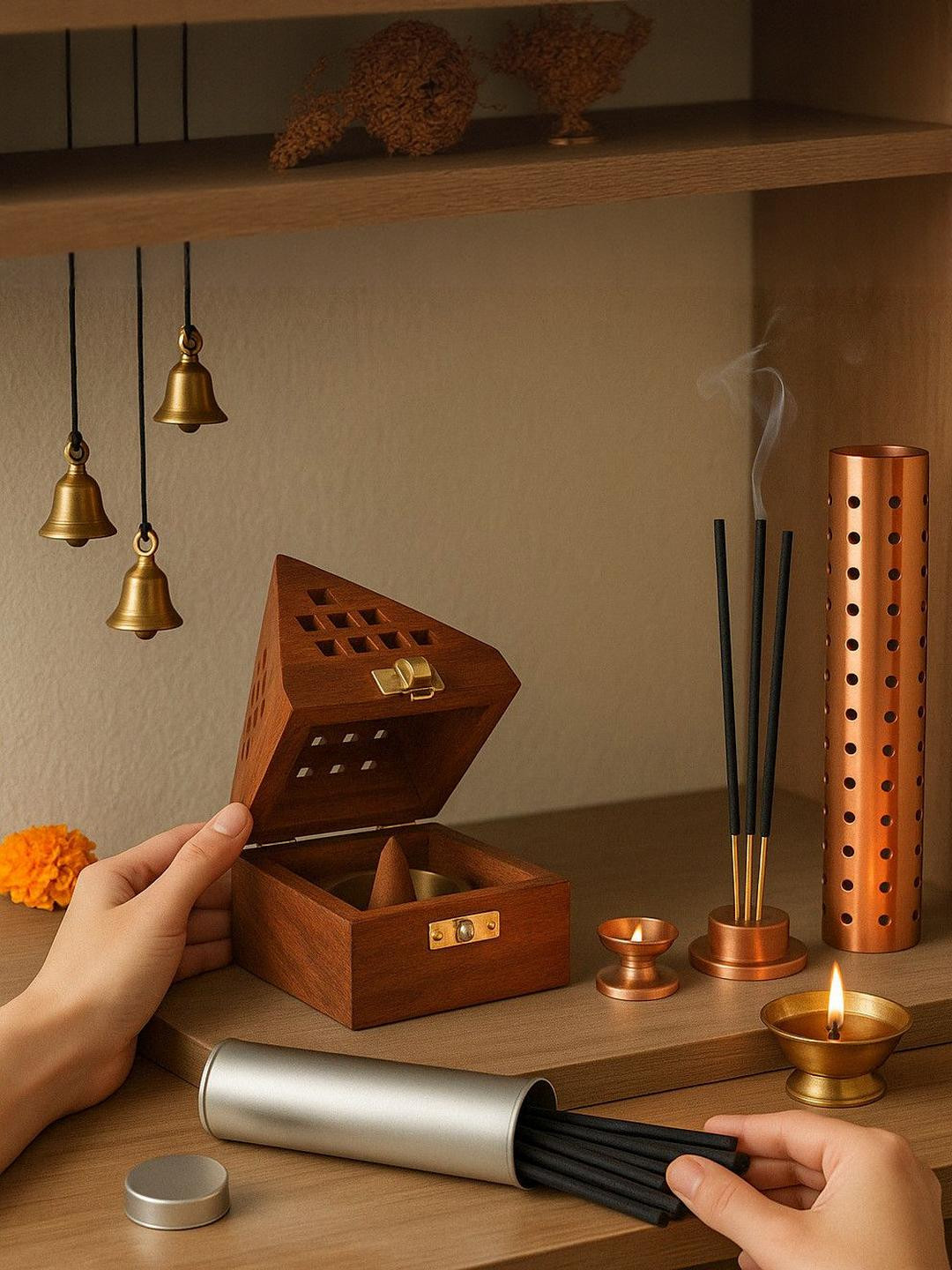 Dhoop Stand Stainless Steel, Wooden Incense Holder Set (Brown, Beige, Silver)