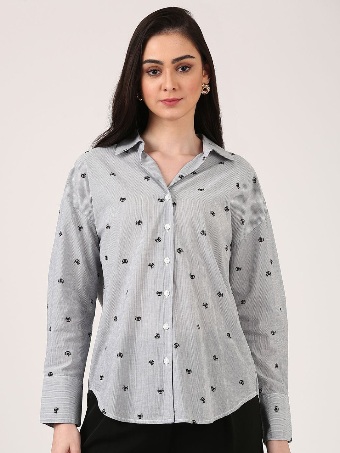 Jolene.club Women Cat Print Cotton Oversized Formal Shirt
