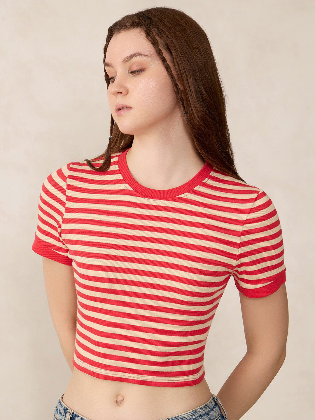 Outzidr Women Striped Rib Crop Top