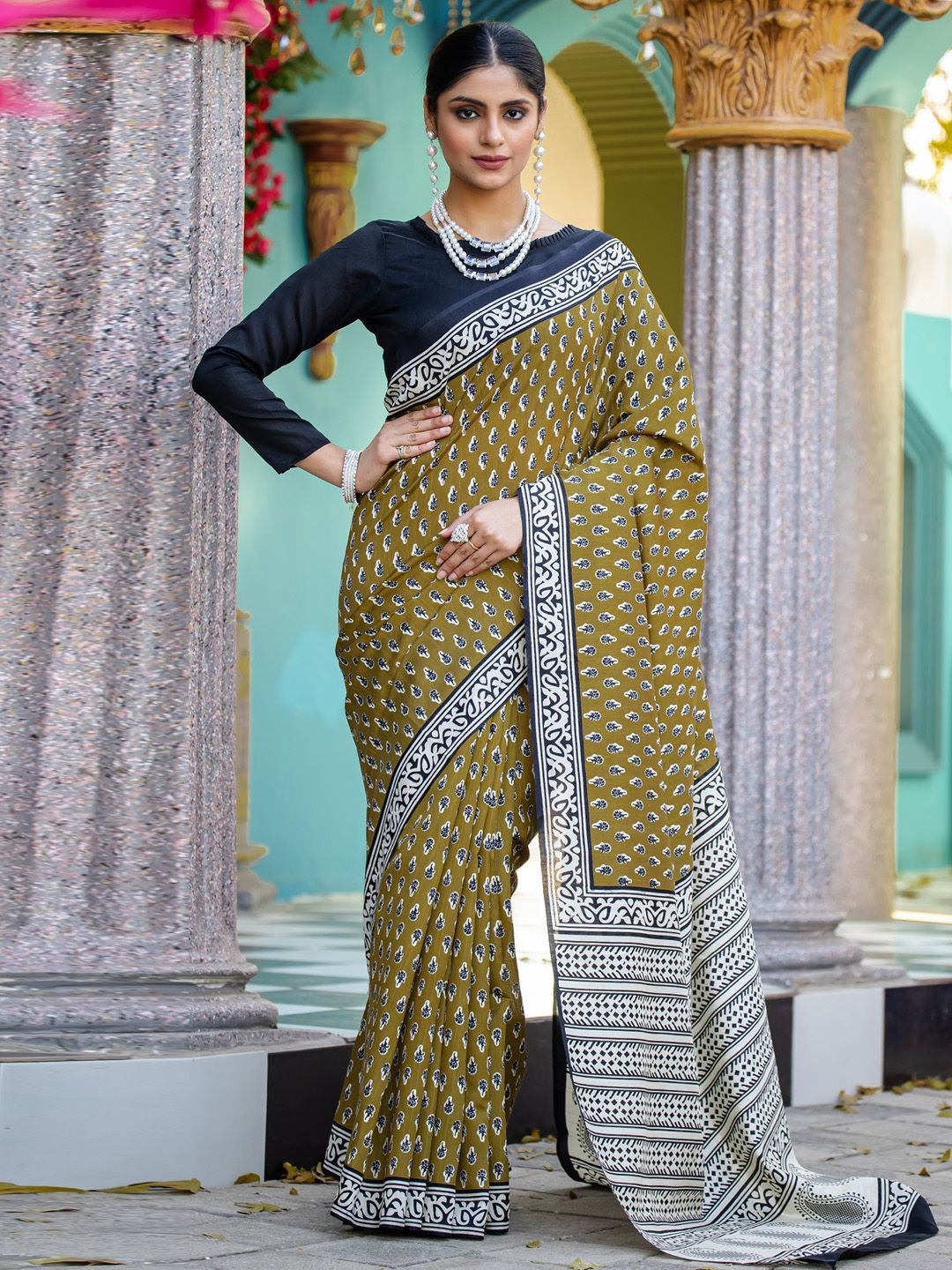 all about you Ethnic Motifs Printed Silk Blend Dabu Saree