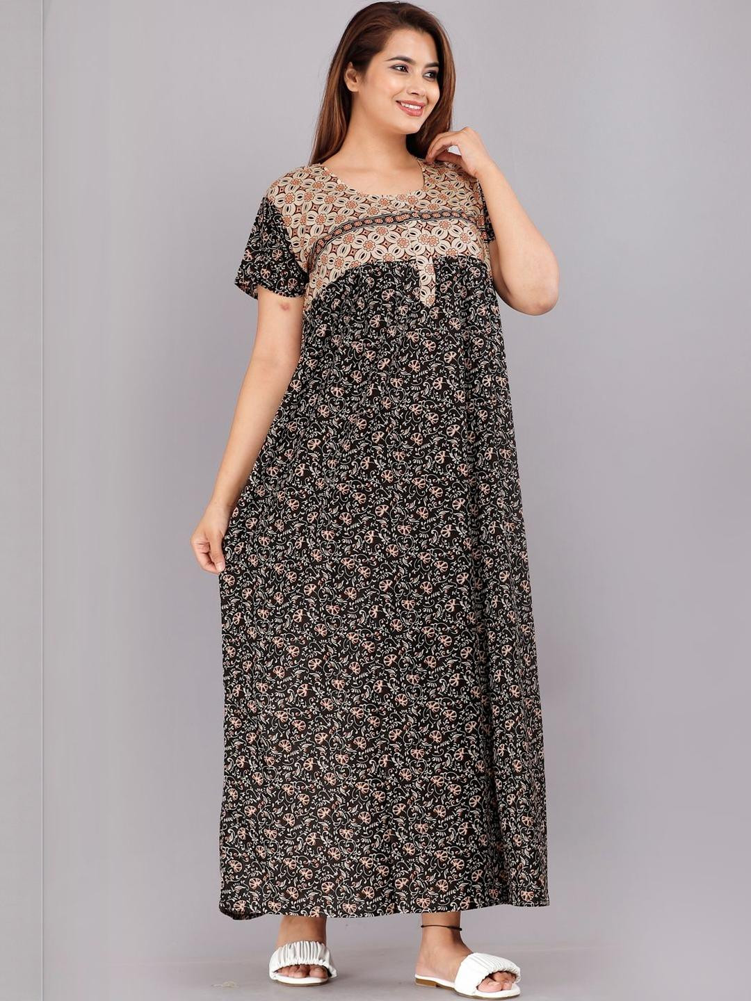AAKARSHANA Cream Pure Cotton Maxi Printed Nightdress