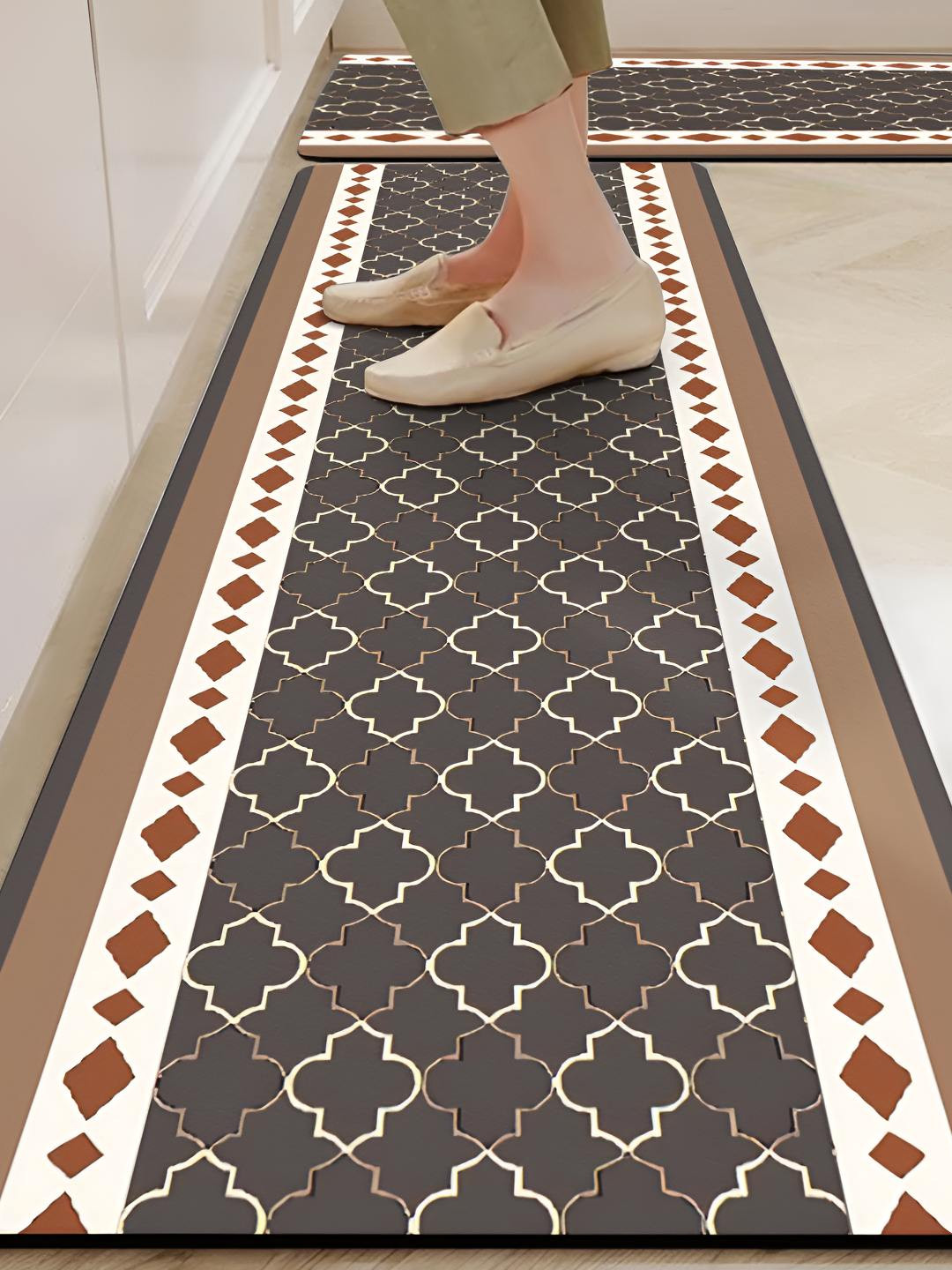 Yellow Weaves 2Pcs Coffee Brown & White Printed Kitchen Mats