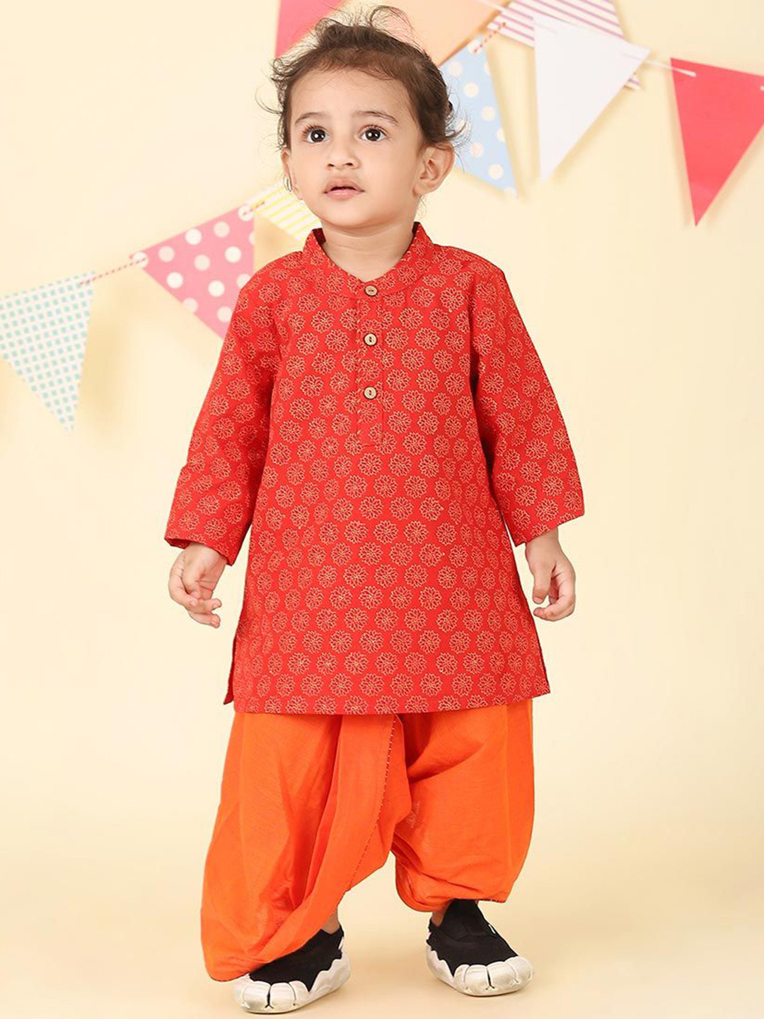 Fabindia Boys Floral Printed Cotton Kurta with Dhoti Pant