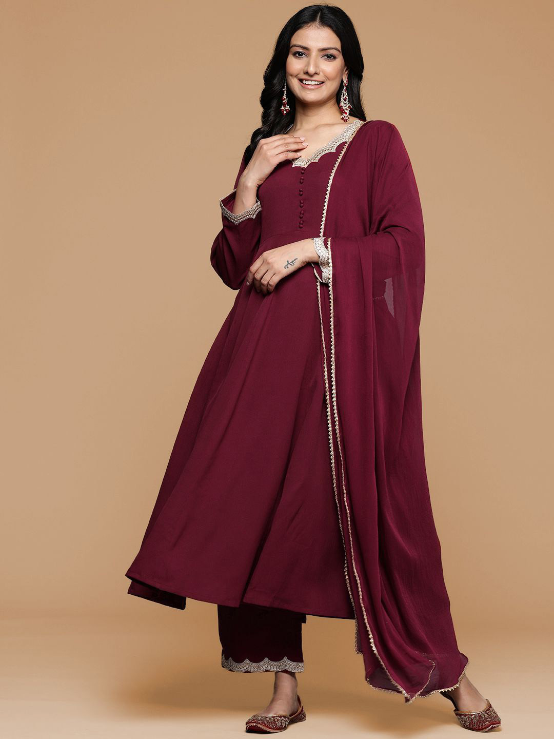 House of Pataudi Zari & Sequins Anarakli Kurta With Trousers & Dupatta