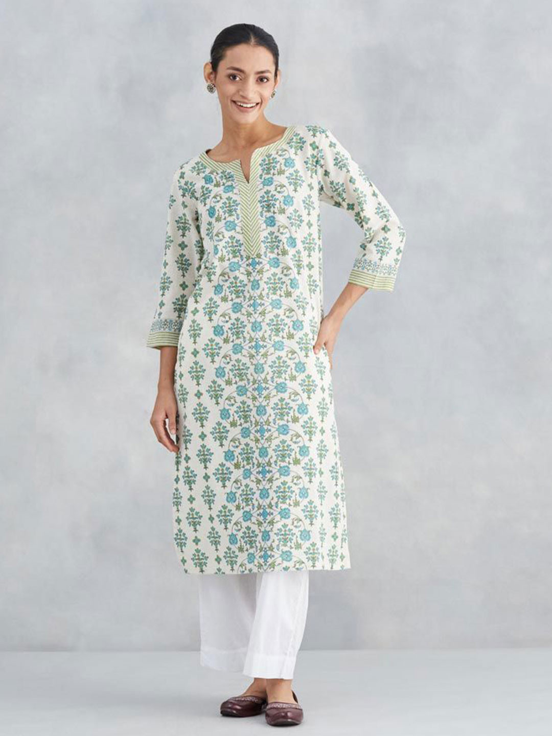 Fabindia Floral printed Notch Neck Straight Cotton Linen Kurta