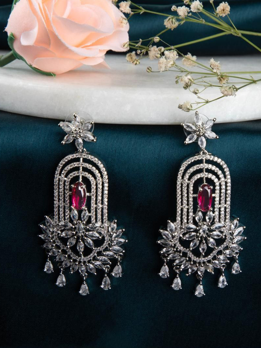 LA FILLE D'OR Silver-Plated Cubic Zirconia Studded Floral Shaped Drop Earrings
