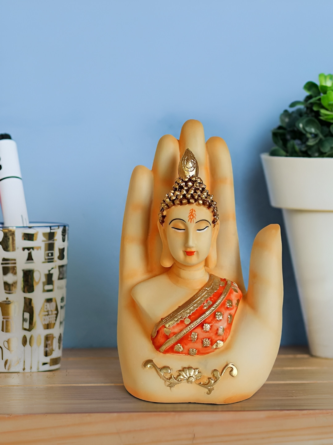 Aura Buddha Hand Orange Polyresin Natural Living Room Medium Showpiece - 3.1 Inches